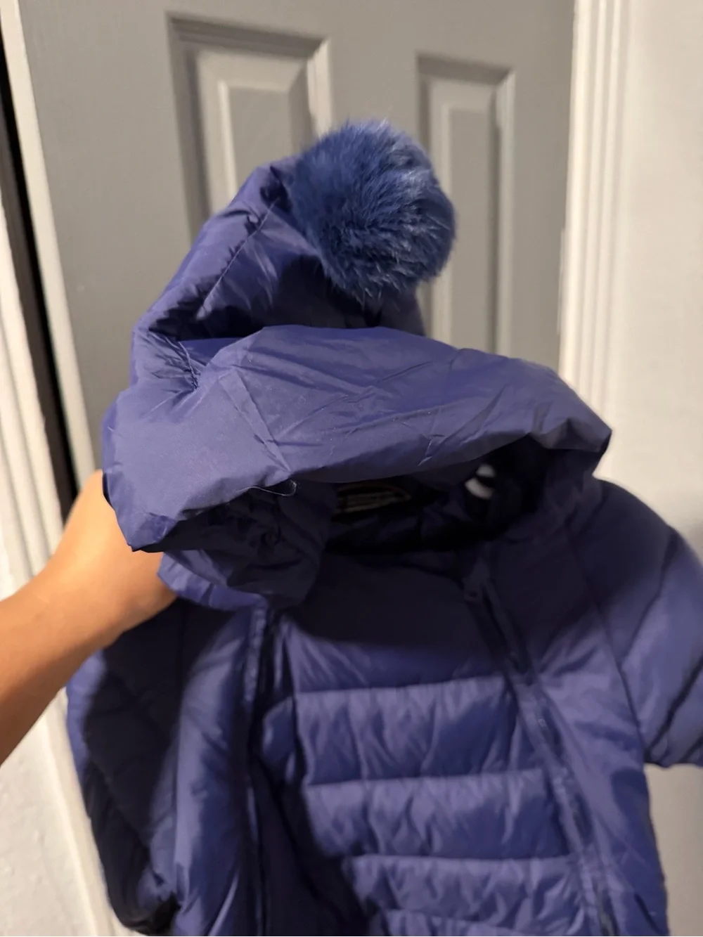 Navy baby/toddler Puffer jumpsuit with Pom Hood